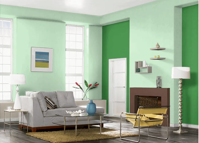 Nội thất phòng khách sơn màu xanh lá để gia chủ mệnh Mộc thêm tài lộc, tăng vận khí
